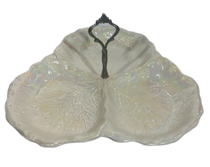 Maddux of California | Divided Server | Handled | Mother of pearl | Oppulescent | Lettuce snack tray | Three section | Silver Handle
