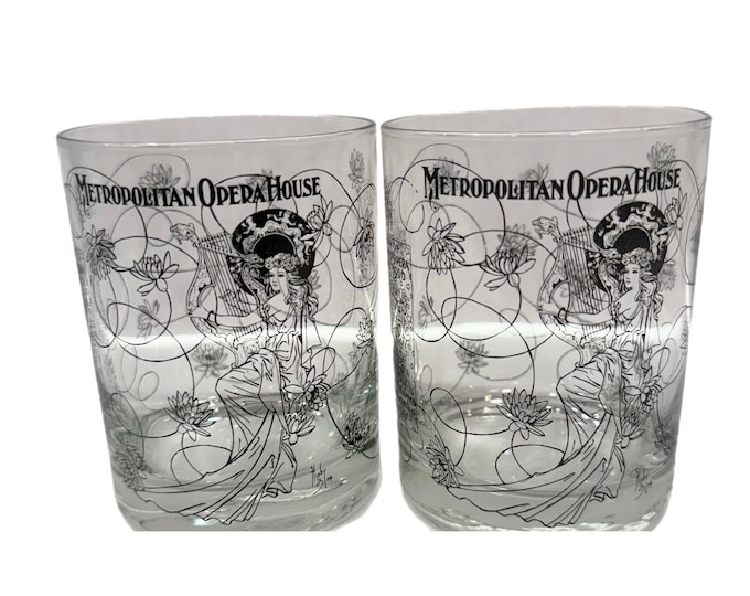 Vintage | Pair Set 2 | Metropolitan Opera House | Low Ball Rocks Whiskey Glasses Glass | Vintage Barware | Souvenir New York City Art Deco