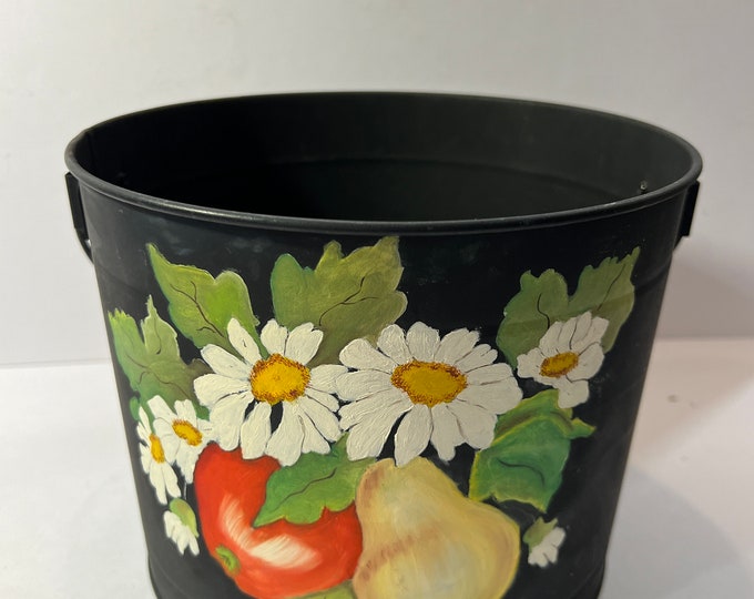 Vintage | Leaktite | Hand painted Flowers Fruit | Berry Bucket Pail | Daisies Apple Pear