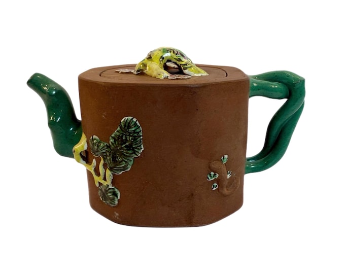 Chinese Yixing Zisha Clay Enamel Teapot | Stamped High Relief Design Flowers Trees | Oriental Chinoiserie Purple Clay | Collector Decorative