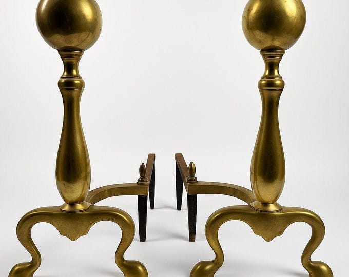 Brass Cast Iron Andiron Set Pair 2 | Cannonball Antique vintage Victorian | Fireplace Tools Fire Dogs Holder Traditional Classic Home Decor