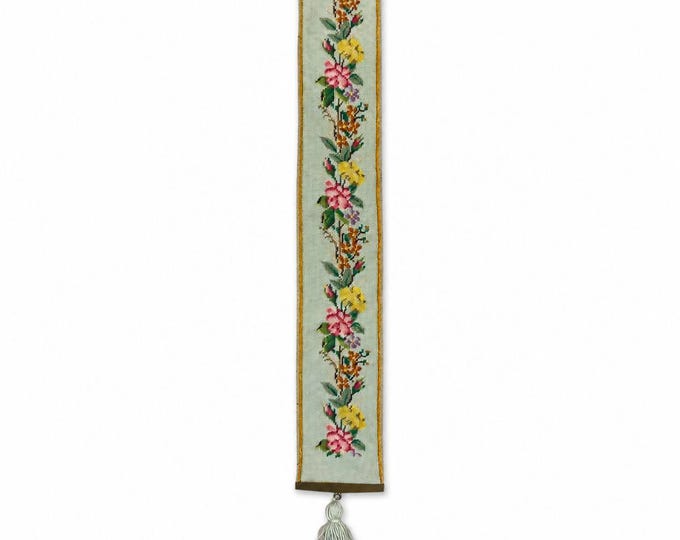 Vintage Floral Needlepoint Bell Pull Velvet Backing Hardware Hanging Tassel