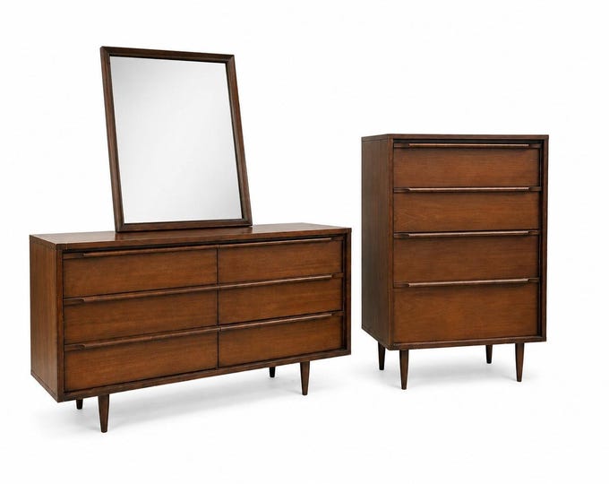 Lowboy Dresser with Mirror and Chest of Drawers Set Mid Century Modern Bedroom Furniture