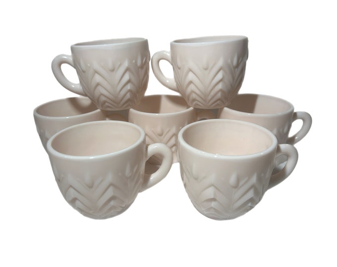 Punch cups Coffee Mugs | Jeanette Shell Feathers Pink Milk Glass Glassware | Set 7 | Wedding Hostess Shower Serving Drinkware Barware
