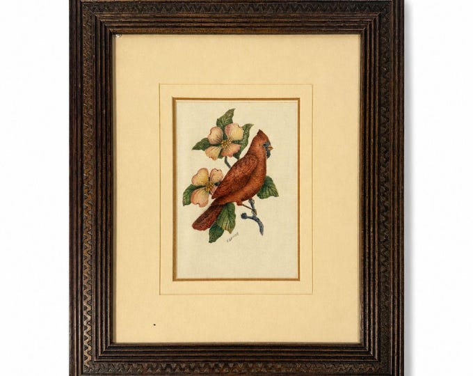 Framed Art Cardinal and Dogwood NC State Flower Bird Vintage Hand Painted Artist Signed Wood FrameHome Wall Decor Decorative Accents