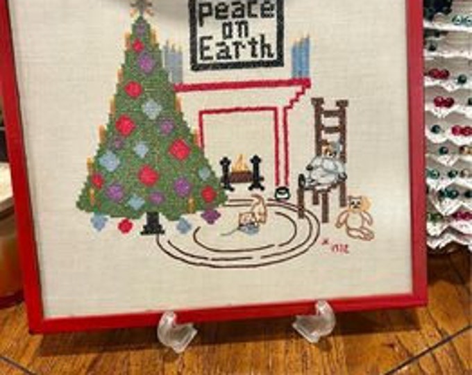 Vintage | Mid Century | Retro | Christmas | Tree | Peace on Earth | Cross Stitch | Needlepoint | Framed | Non glare glass 1972