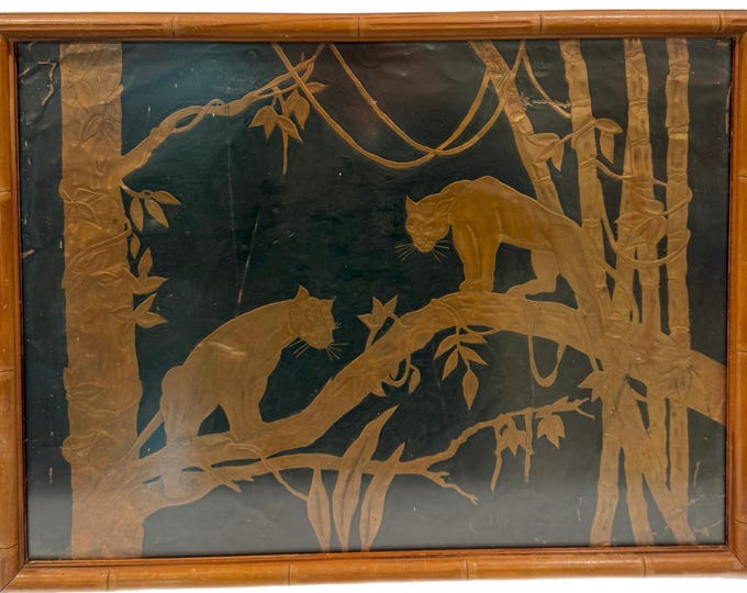Framed Vintage Mid Century Copper Relief | Embossed Art Print | Hand Tooled Wall Decor | Panthers Cougars in Trees Jungle | Home Decor