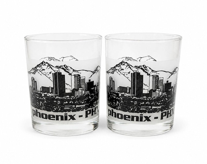 Old Fashioned Rocks Glass Set 2 Phoenix PHX Airport Code Cityscape Frosted Middle Vintage Mid Century Skyline Barware Drinkware Rare MCM
