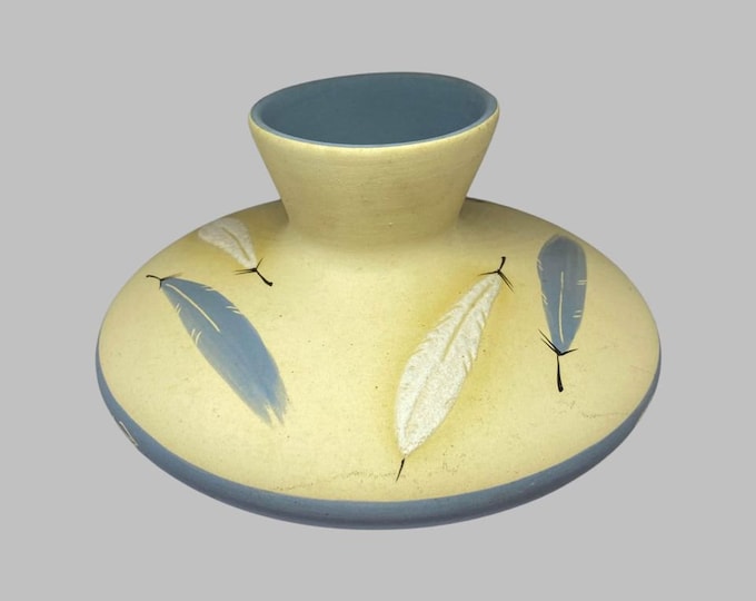Desert Pueblo|  Hand Painted |  Stoneware Pottery |  Grey Blue White Feather vase | Native  American Art | Southwestern | Signed Stamped