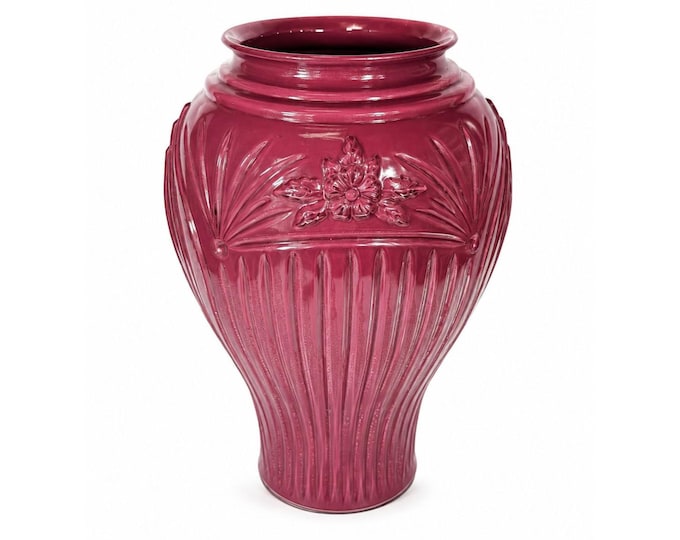 Tall Floor Vase Burgandy Maroon Anchor Hocking Cambridge Glassware Reverse Enamel Vintage 80s Retro Embossed Floral