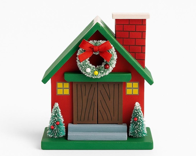 Wooden Musical Christmas House George Good House Santa Wood Music Box Deck The Halls Wind Up Holiday Seasonal Decor Collectible
