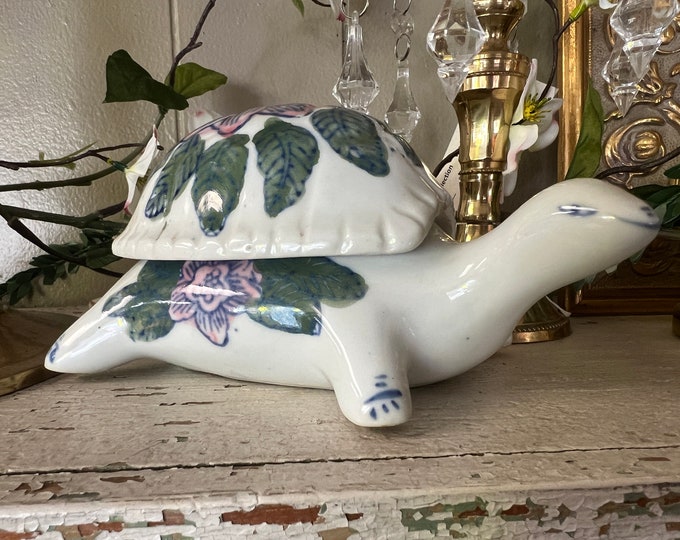 Vintage Chinoiserie Ceramic Turtle Trinket Box With Floral Shell Lid Blue Pink Green Leaves