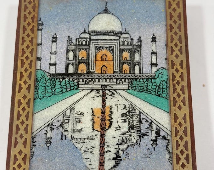 Vintage Taj Mahal Wooden Gift Trinket Ring Box | Sand Art | Agra Traditional Ethnic Indian India | Wood Brass Inlay Souvenir | Velvet Lined