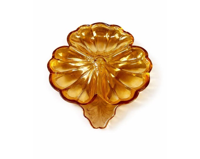 Candy Nut Trinket Dish Jeanette Glass Vintage Amber Opalescent Flower Floral Marigold Carnival Glass 3-Leaf-Clover Collectible Glassware