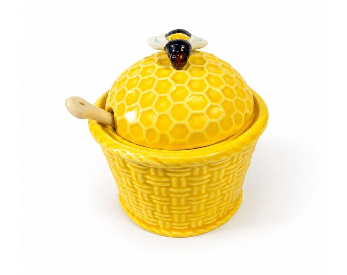 Honey Bee Honey Pot Holder Ceramic Porcelain Vintage Yellow Kitchenware Farmhouse Cottage Granny Core Serving Piece