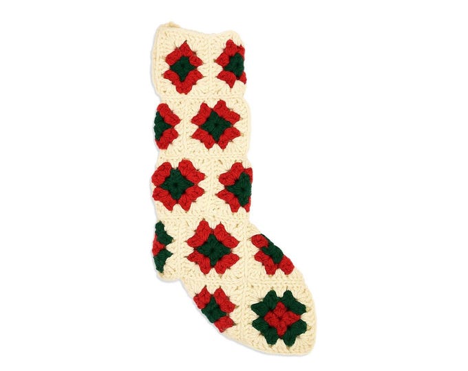 White Granny Square Christmas Stocking 15" Retro Handmade | Vintage Handmade Holiday Mantle Decor Granny Cottage Farmhouse Nostaglia