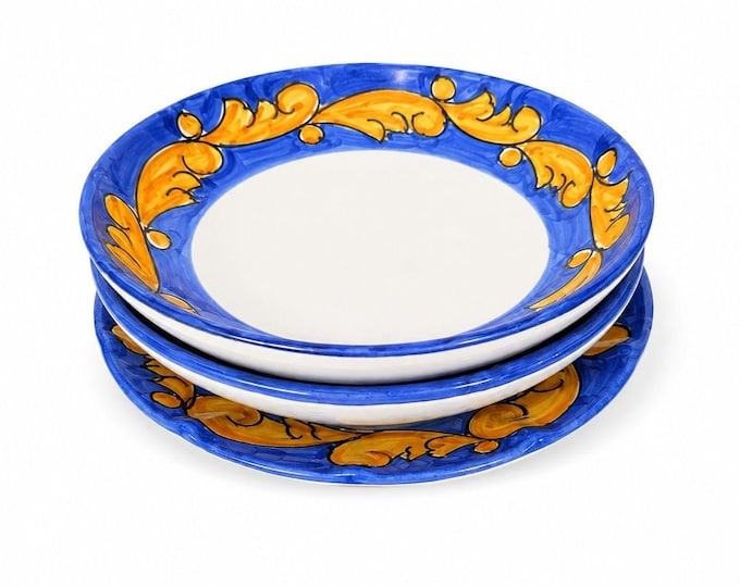 Salad Plate Bowls Set 3 Vietri Solimente Pottery Italian Florentine Replacement China Vintage Blue Yellow Fleur de lis Hand Painted