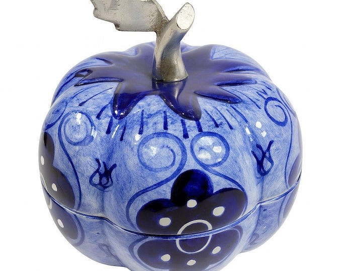 Hand Painted Blue Ceramic Pumpkin Trinket Box | BMT Regalos Metal Handle Stem Mexico | Fall Thanksgiving Halloween Decor Chionsoiere