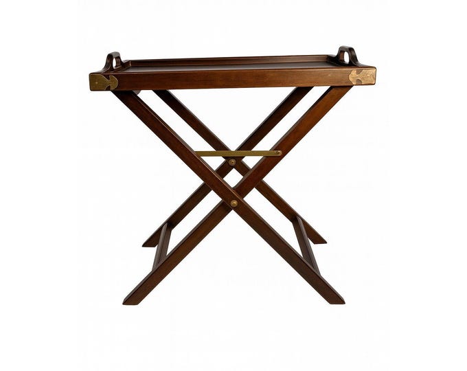 Vintage Bombay Wood Butler Tray with Folding Stand w Embossed Brass Corners | Portable Side table Removeable Platter Traditional Home Decor