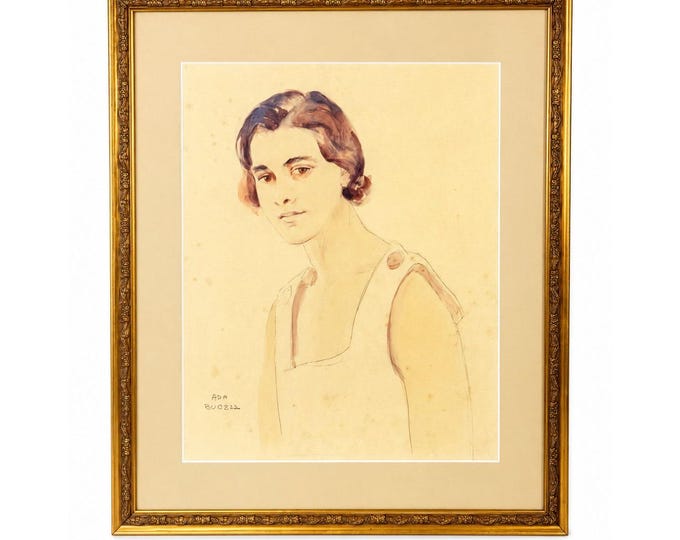 Framed Watercolor Pastel Portrait of a Young Woman Artist Signed Ada Budell Gold Frame Vintage Wall Art Home Decor