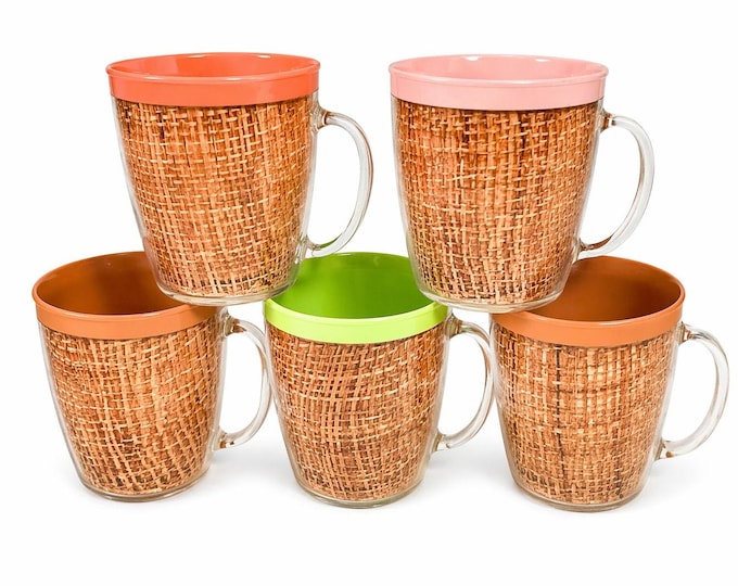 Coffee Mugs Raffiaware Thermal Insulated Melmac Burlap 3.5” Pastels MCM Set of 5 Clear Handle Tiki Barware Serveware Mid Century Kitchen