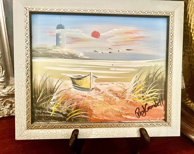 Framed | Oil Painting | Seashore Coastal Beach | Boat Ocean Lighthouse