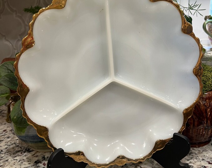 Fire King Anchor Hocking White Milk Glass Divided Relish Plate 22K Gold Trim Mid Century