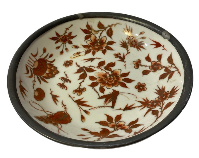 Vintage Japanese Pewter Covered Porcelainware Finger Bowl Cricket and Flowers  A.F.C Hong Kong