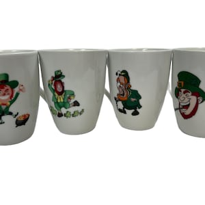 Coffee Mugs Tea Cups | Irish Ireland St.Patrick’s Day Vintage Leprechaun Blarney Porcelain Ceramic Set 4 | Lucky Shamrock | Irish Quotes