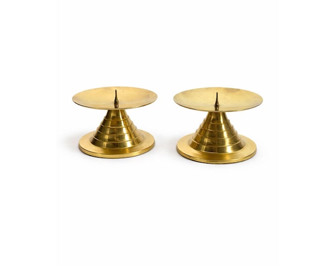 Lacquered Brass Pillar Candle Holders Pair Set 2 Gold Table Home Decor India Vintage Wedding Traditional Classic