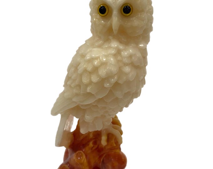 Vintage | Anthropomorphic Statue | White | Owl Bird | Wax Figurine Candle | Unused | Brown Gold Glass Eyes | Shelf Mantle Decor Mid Century