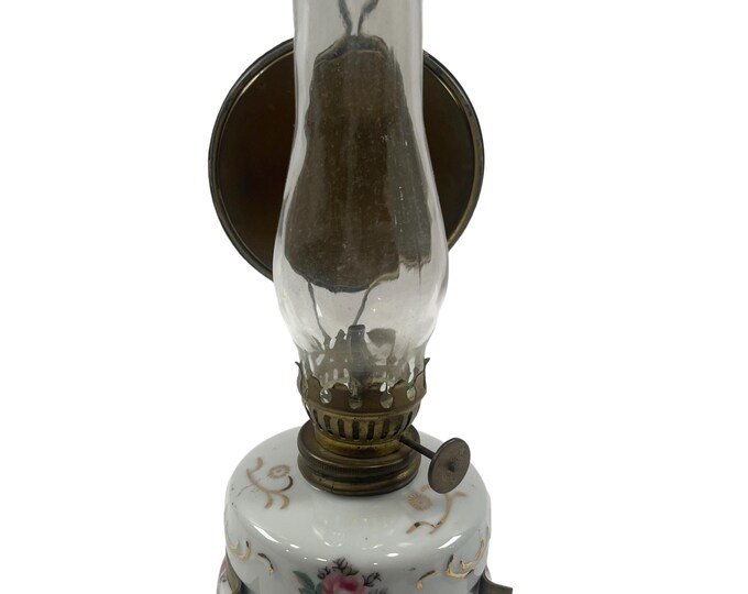 Mini Wall Hanging Ceramic Porcelain Hurricane Lantern Oil Lamp Painted Roses Cottage Core Brass Victorian Pink White