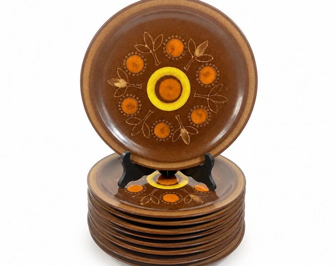 Stoneware Dinner Plates Georges Briard Aztec Set 9 10.5" Vintage Mid Century Brown Orange Replacement China Kitschy Japan Muted Earthtones