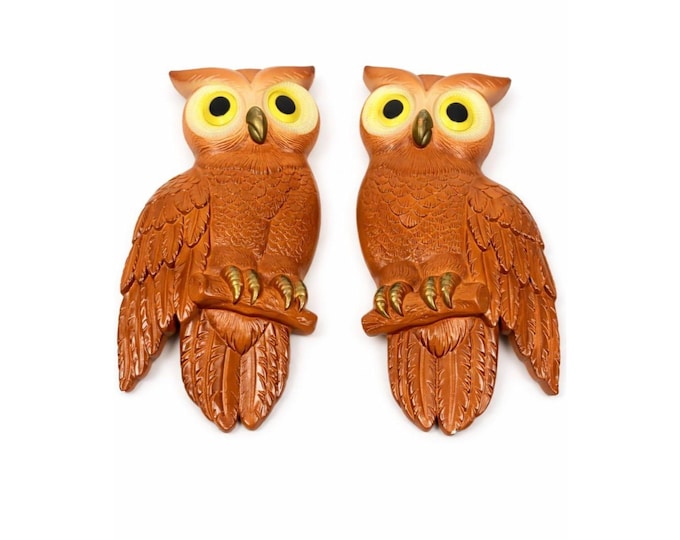 Chalkware Owls Pair Set 2 Wall Hanging Miller Studios Vintage Mid Century Boho Kitschy On Perch