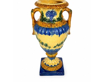 Ialian Urn Vase Majolica Large Blue Gold Green Italy Centerpiece Planter Home Foyer Dining Room Decor Traditional Decorative Accents
