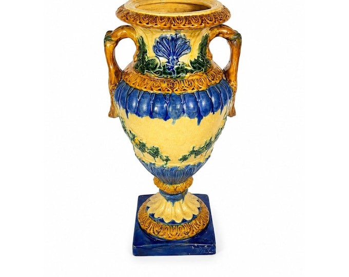 Ialian Urn Vase Majolica Large Blue Gold Green Italy Centerpiece Planter Home Foyer Dining Room Decor Traditional Decorative Accents