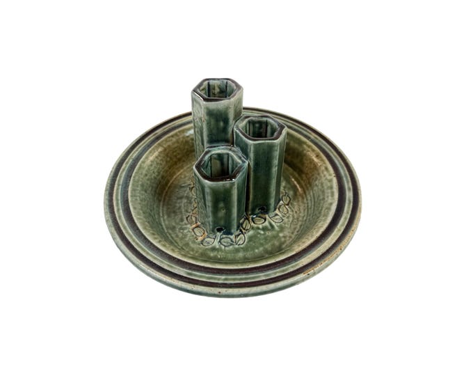 Triple Bud Vase Plant Rooter with Bowl | Art Pottery Nelda Seagrove NC | Green glazed | Unique Home Decor | Decorative Accents | Drainage