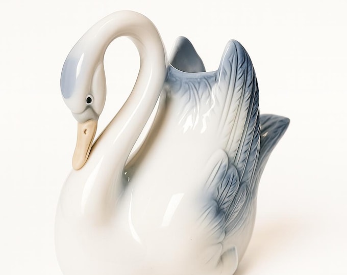 Swan Vase Porcelain Figural | Tengra Made in Spain | Hand Painted White Blue Accents | Home Wedding Decor Decorative Accents | Gifts for her