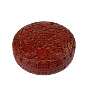 Cinnabar Lacquer Trinket Jewelry Box Storage | Hand Carved Red Floral Design | Vintage Oriental Chinoiserie | Decorative Accents Home Decor