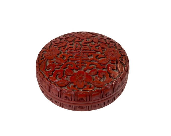 Cinnabar Lacquer Trinket Jewelry Box Storage | Hand Carved Red Floral Design | Vintage Oriental Chinoiserie | Decorative Accents Home Decor