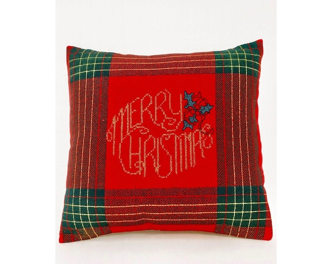 Decorative Throw Pillow Red & Green Plaid "Merry Christmas" Vintage With Gold Embroidery  Holly Design | Handmade Holiday Traditional