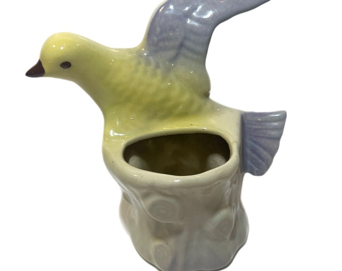 Vintage USA Pottery Dove Planter, Dove Figural Bird Pottery Planter | Yellow Purple | Stump Vase