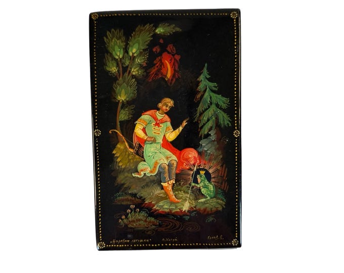 Hand Painted Lacquered Trinket Jewelry Box Hinged | Lacquer ware | Russian Russia Signed | Folklore Fairytale | Frog Prince Enchanted Forest