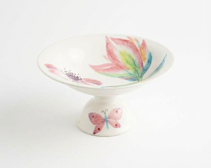 Footed Fruit Bowl Large Alessandra Vietri Flowers Butterfly Hand Painted Italy Vintage Italian Floral Pedestal Centerpiece Colliectible