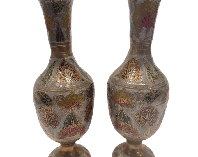 Solid Brass Enamel Vases | Indian Made in India | Pair 2 Set | Vintage Handmade Hand painted | Embossed etched Brass Exchange | Home Decor