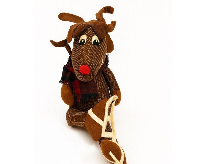 Handmade Polka Dot Reindeer Doll With Plaid Scarf & Felt Accents Brown | Shelf Sitter Christmas Holiday Home Decor Decorative Accent