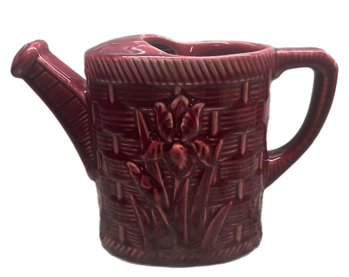 Vintage Shawnee Pottery Watering Can Sprinkler Planter Iris Basketweave USA | Red Burgandy