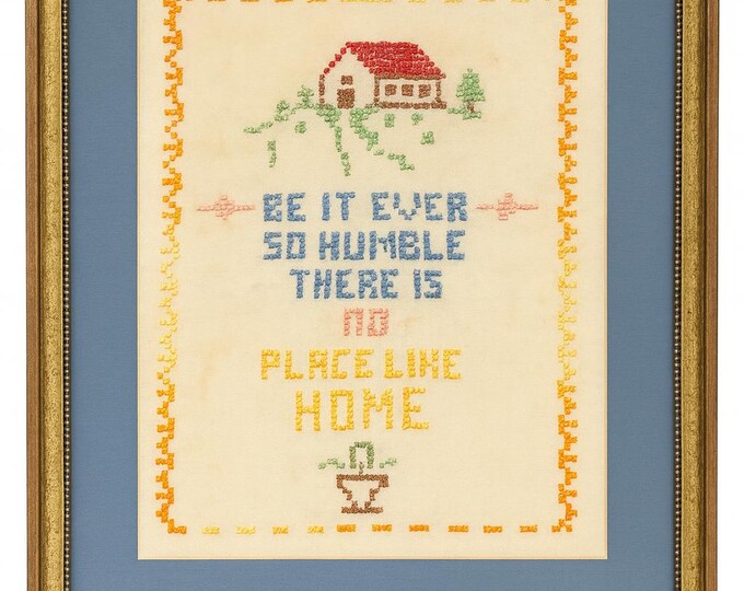 Cross Stitch Wall Art Wood Framed | “Be It Ever So Humble There’s No Place Like Home | Handmade White Linen | Gallery Wall Art Home Decor