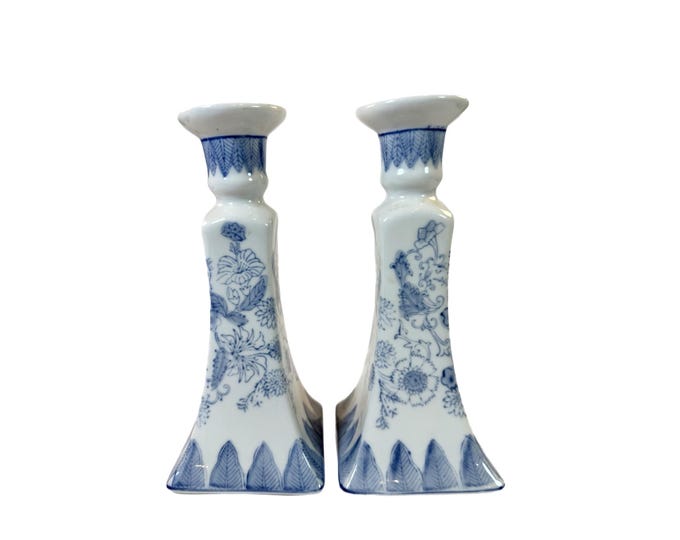 Candlestick Holders Pair Taper | Vintage Macau Chinoiserie China Asian | Blue White Floral | Nancy Myers Grand Millennial Decorative Accents