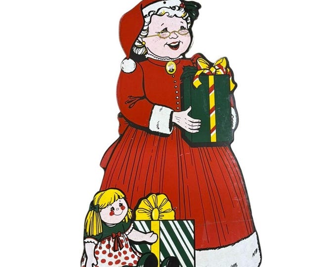 Mrs. Claus Cutout Wall Decor 1950’s-1960’s Era Masonite Board Vintage Christmas Cartoon Mid Century Retro Holiday Seasonal Decor